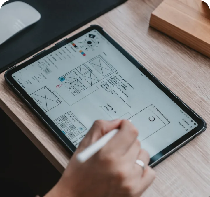 Tablet na mesa apresentando projeto de design